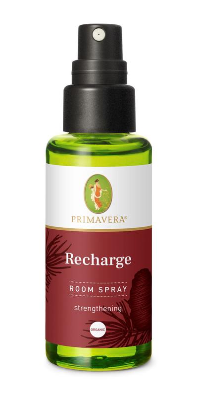 Primavera Roomspray recharge bio 50ml geurverspreider with natural scent, shown in a clear spray bottle.