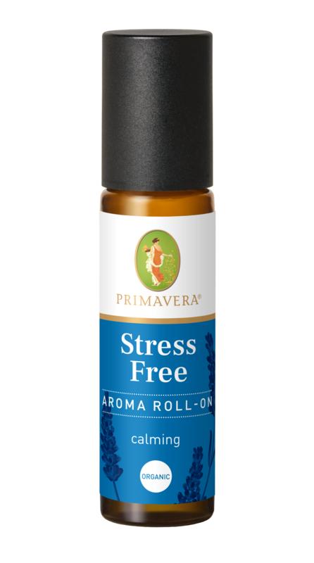 Primavera Aroma roll-on with stress-free essential oils in a 10ml bottle, featuring a sleek roll-on applicator.