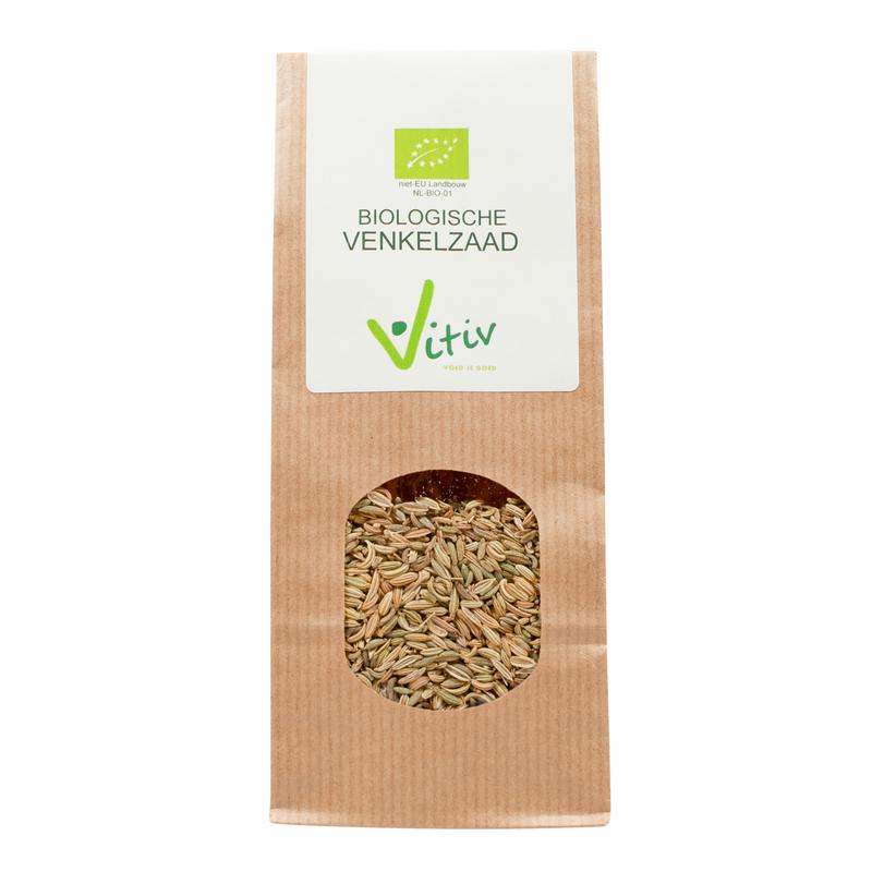 Organic fennel seed from Vitiv in a 250g package, used as a spice or ingredient in cooking and herbal remedies.