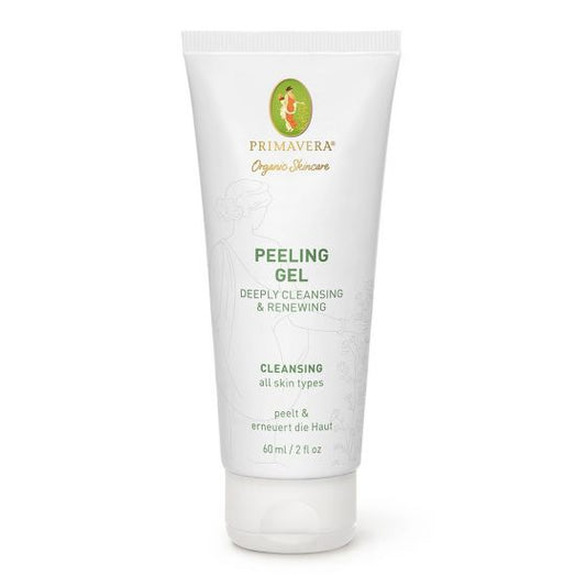 Primavera Peeling Gel for deep cleansing and renewing, 60ml, with a gel texture shown on a skincare product display.