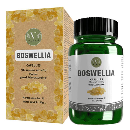 Vanan Boswellia capsules, 60-count herbal supplement in a white bottle with a label displaying product details and branding.