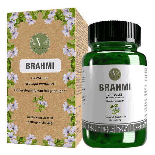 Vanan Brahmi capsules in a bottle, herbal supplement for cognitive support, 60 capsules, natural herbal kruidpreparaten.