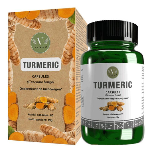 Vanan Turmeric capsules in a bottle, natural herbal supplement, 60 capsules, used for health and wellness.