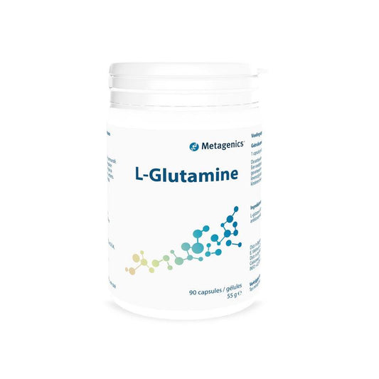 Metagenics L-Glutamine amino acid capsules in a bottle, dietary supplement for gut health and muscle recovery.