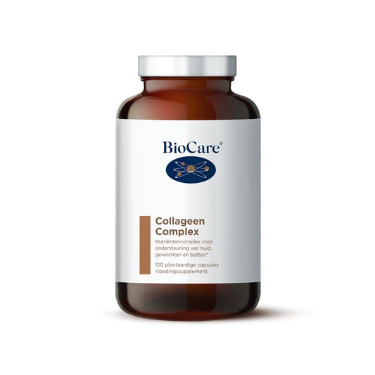 BioCare Collagen Complex vegetarian capsules, multivitamin supplement for skin and joint health, shown in the image.