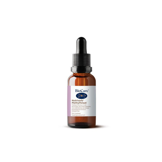 BioCare Nutrisorb methylfolate liquid supplement in a 15ml bottle, featuring a dropper for easy vitamin B9 intake.