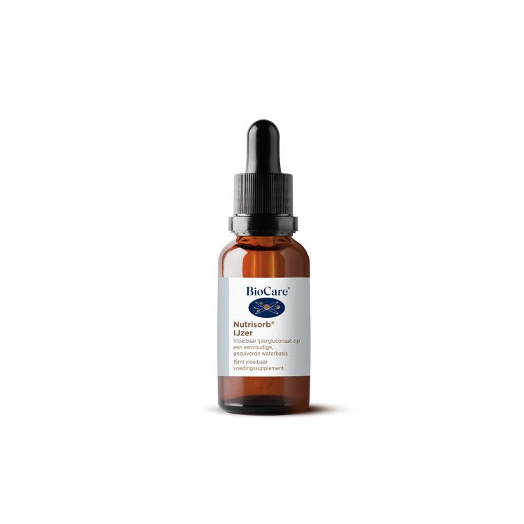 BioCare Nutrisorb ijzer mineral supplement in a 15ml bottle, showing the dark liquid inside and the product label.
