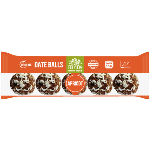 Bioyuga apricot date balls, organic snack in a 45g package, close-up showing textured apricot and date ingredients