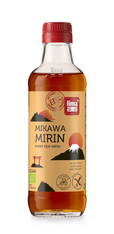 Lima Mikawa organic mirin rice wine in a 250ml bottle, popular in Japanese cooking, from the Dranken en Sappen category.