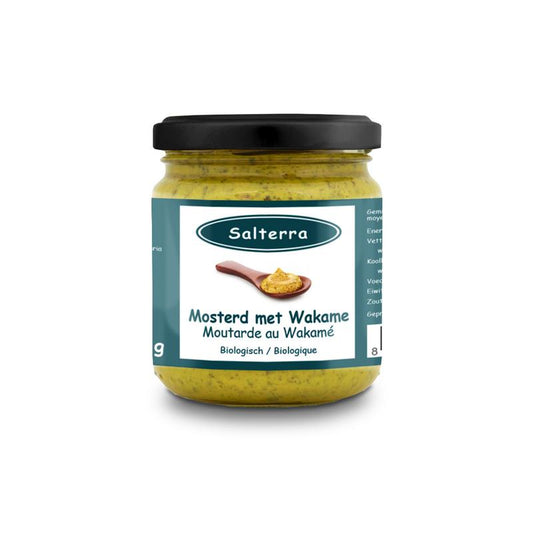 Salterra bio mosterd sauce with wakame seaweed in a 180g jar, ideal for salads and Asian-inspired dishes.
