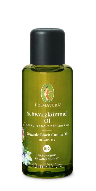 Primavera bio zwarte komijn olie in 50ml bottle, organic essential oil with dark amber liquid and dropper cap shown.