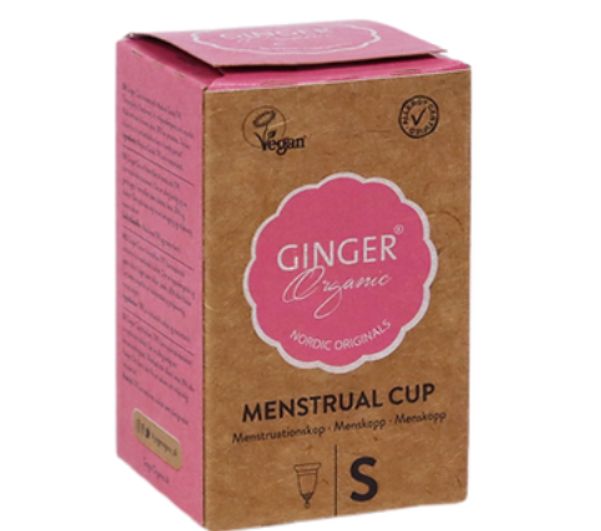 Organic Ginger Menstruatiecup TPE size S, reusable feminine hygiene cup shown in clear, flexible material for comfortable use