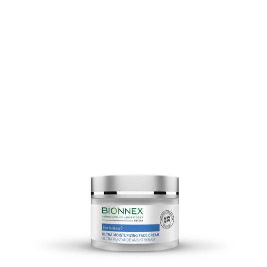 Bionnex Perfederm moisturizing face cream in 50ml jar, facial skincare product with creamy texture and nourishing ingredients.