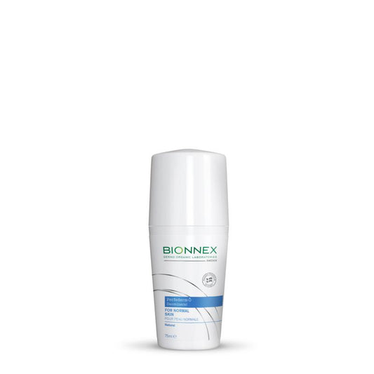 Bionnex Perfederm deodorant roll-on for normal skin, 75ml bottle with clear cap and labeled design, shown in close-up image