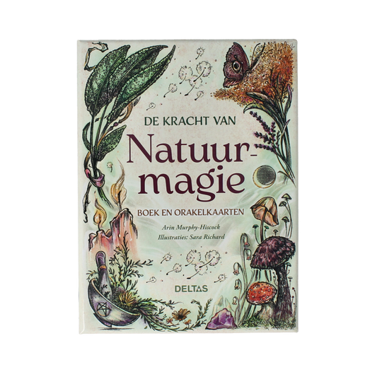 Deltas natuurmagie boek en kaarten set, open book with colorful illustrations and tarot-style cards laid out on a wooden surface.