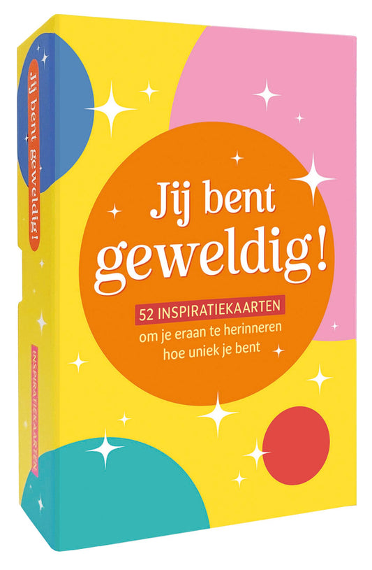 Deltas Jij bent geweldig! 52 inspiratiekaarten set in a box, featuring colorful designs and motivational messages.