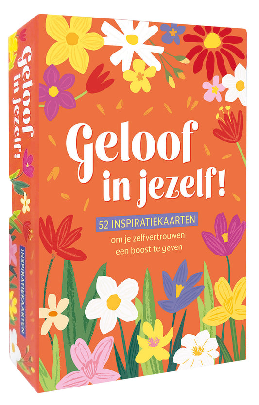 Set of 52 Deltas Geloof in jezelf! inspirational cards featuring motivational messages and colorful designs, perfect for daily encouragement.