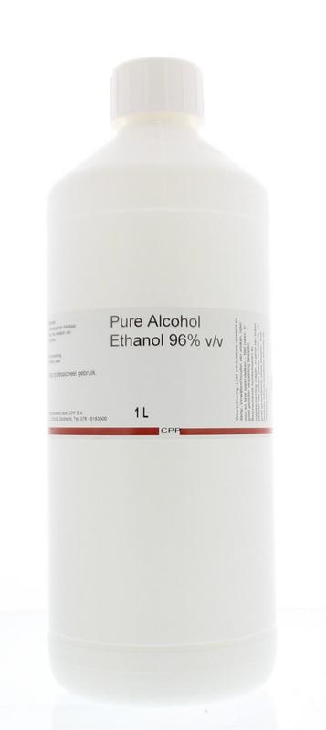 Chempropack 1L bottle of pure ethanol alcohol 96% v/v for disinfection, clear liquid in a plastic bottle.