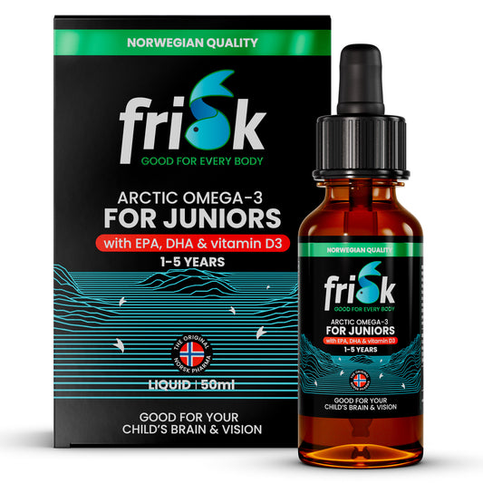 Frisk Omega 3 kinderen visolie met DHA en D3 in een 50ml fles, geschikt voor kinderen, vetzuren supplement.
