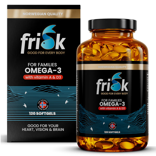 Frisk Omega 3 gezin softgels with DHA and D3, fish oil supplement in a bottle and box, for healthy brain and eye support.