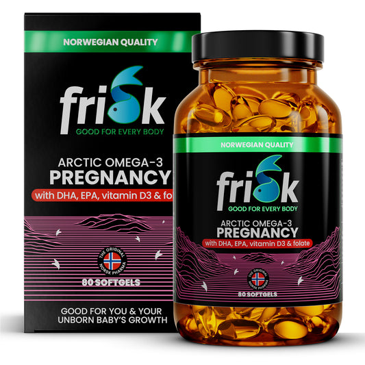 Frisk Omega 3 zwangerschap softgels with DHA and folaat in a bottle and box, designed for pregnancy health and prenatal support.