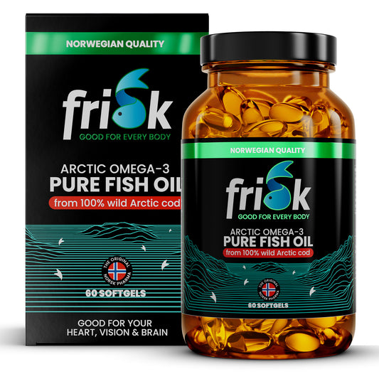 Frisk Omega 3 pure fish oil softgels with DHA and EPA, shown in a box and bottle, highlighting the Vetzuren supplement.