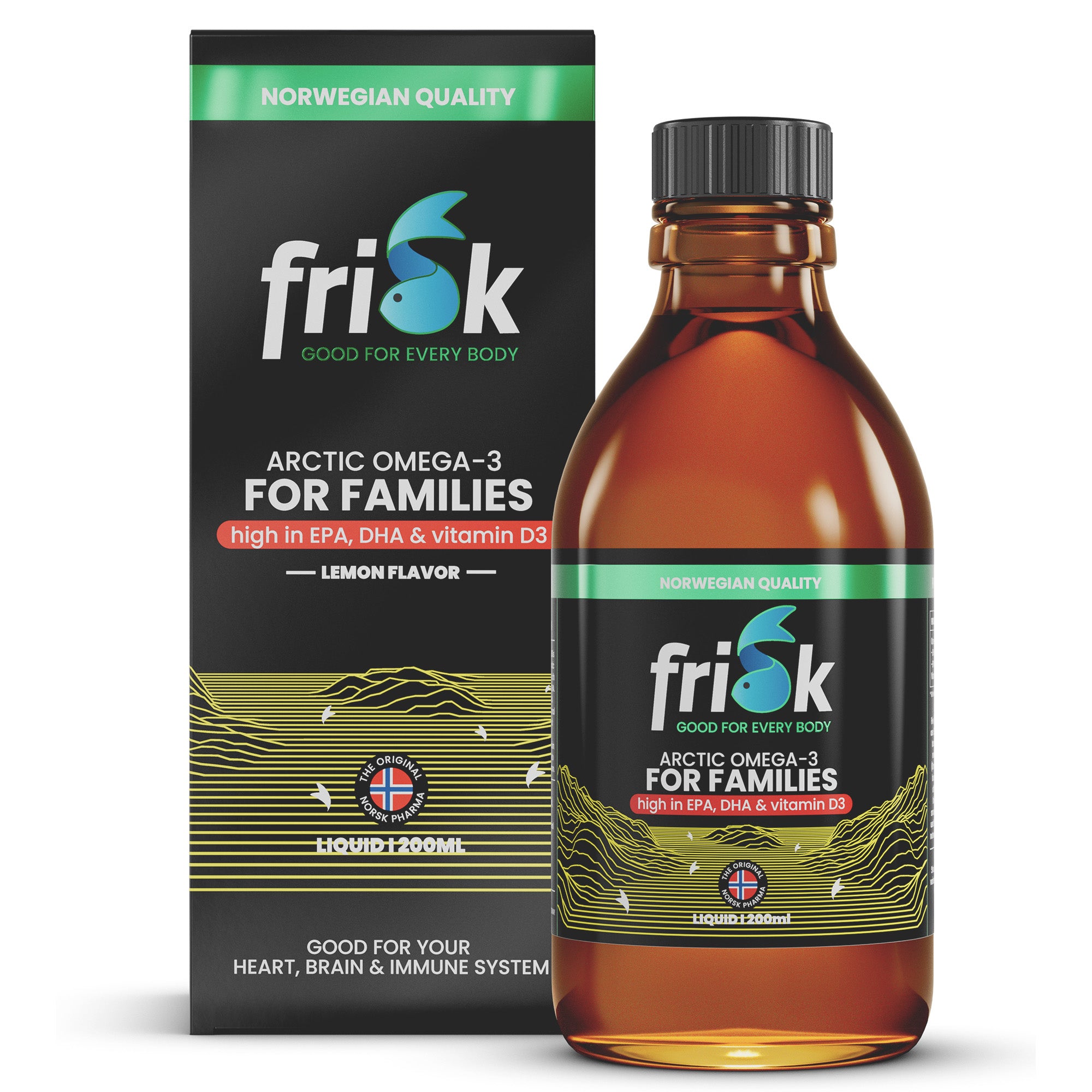 Frisk Omega 3 gezin citroen visolie with DHA and D3 in 200ml bottle, featuring lemon flavor and family-friendly packaging.