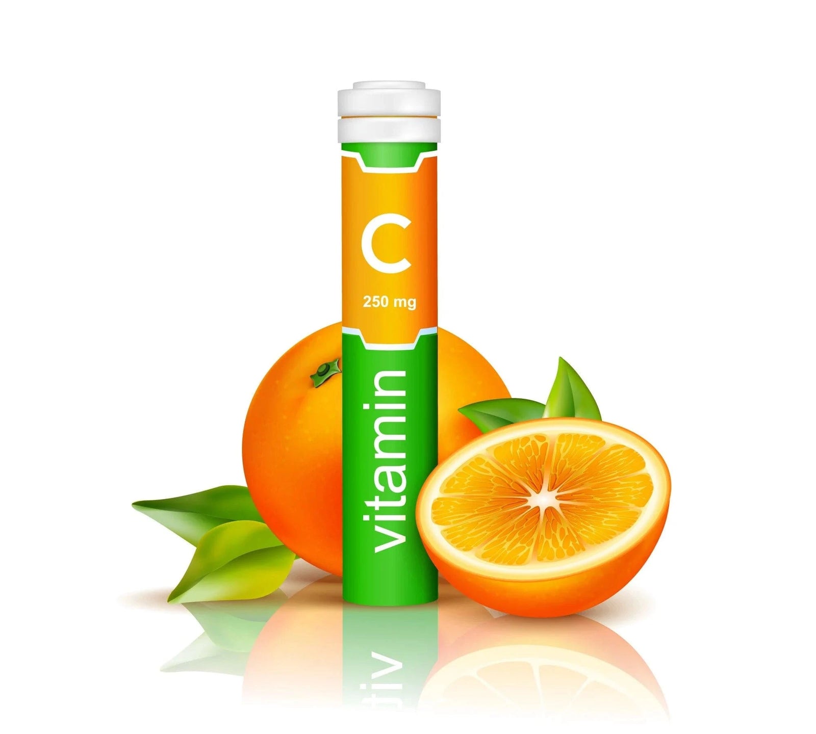 Vitamin C supplement with oranges on a white background