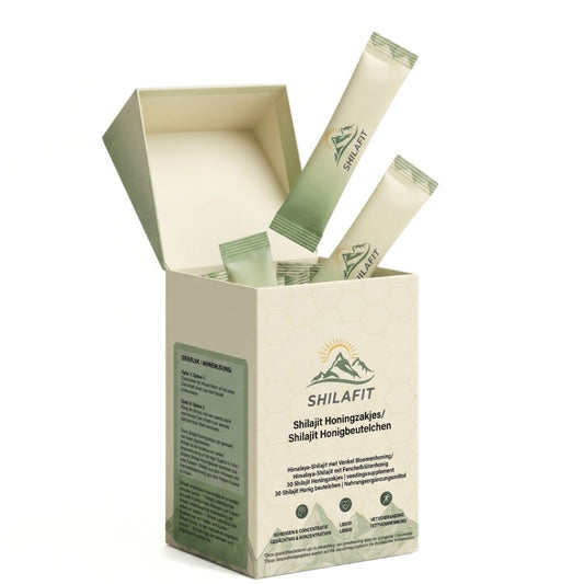 Shilafit Shilajit Honingzakjes, 30 sachets of natural food supplement with Shilajit in individual honey packets.