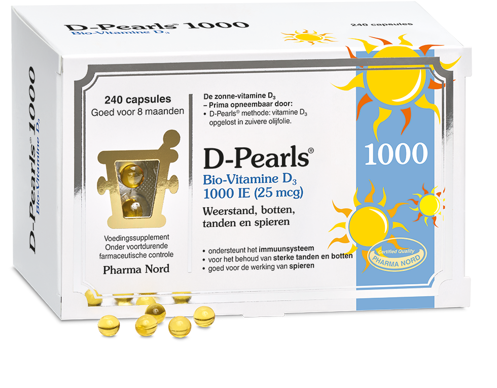 Pharma Nord Bio-Vitamine D3 25mcg vitamin capsules, close-up of a bottle with capsules inside, natural supplement packaging.