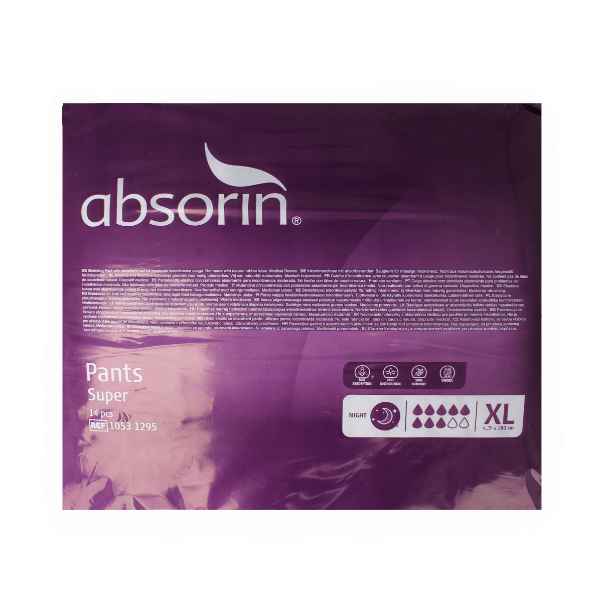 Absorin Comfort incontinence pants, super XL size, shown in a box with 14 disposable absorbent pants for adults
