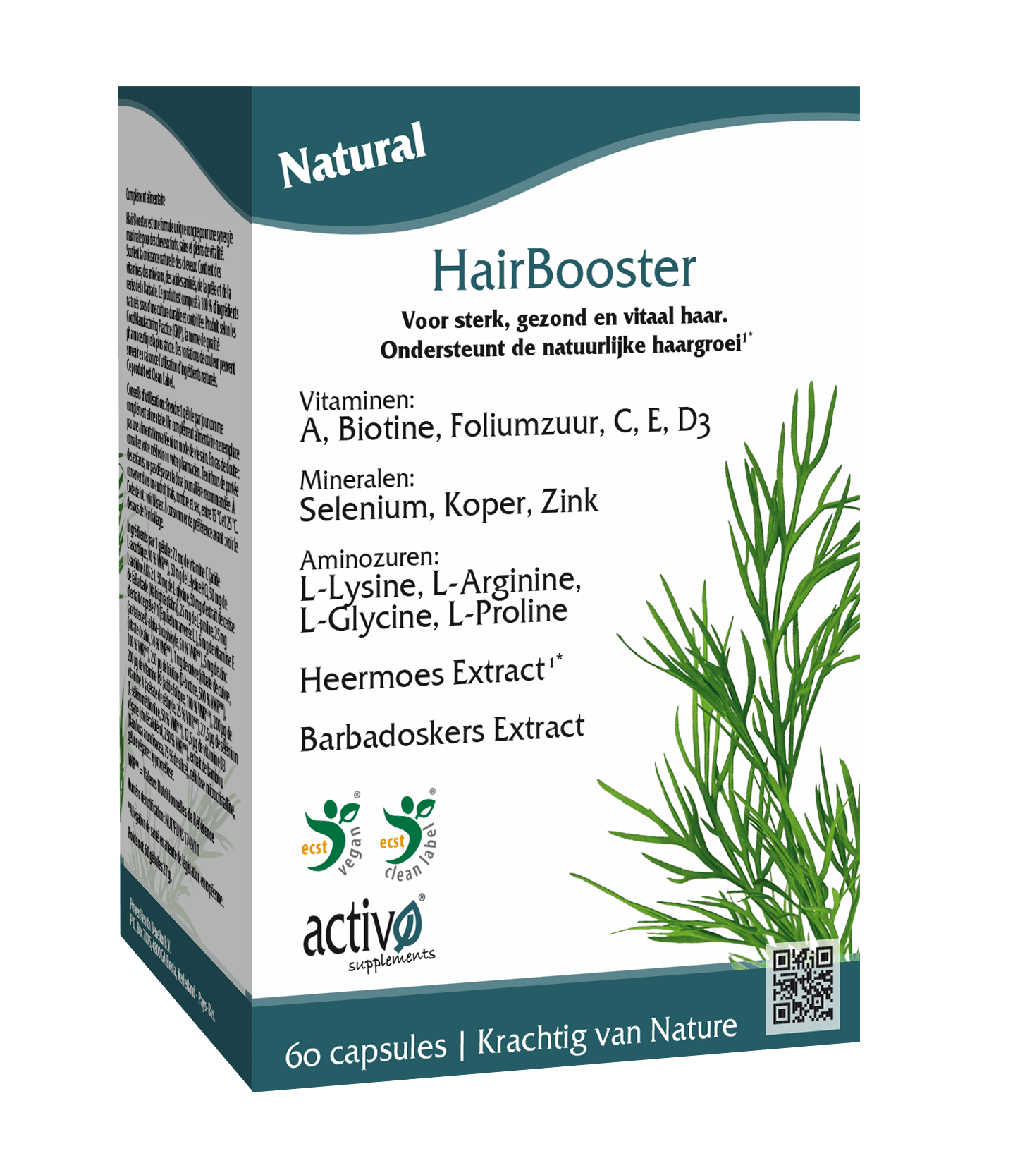 Activo HairBooster vegetarian capsules, herbal supplement in a bottle, designed to support hair health and growth.