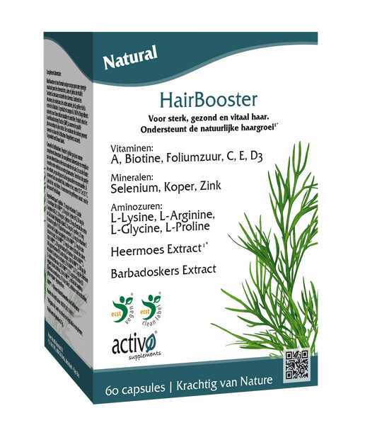 Activo HairBooster vegetarian capsules, herbal supplement in a bottle, designed to support hair health and growth.