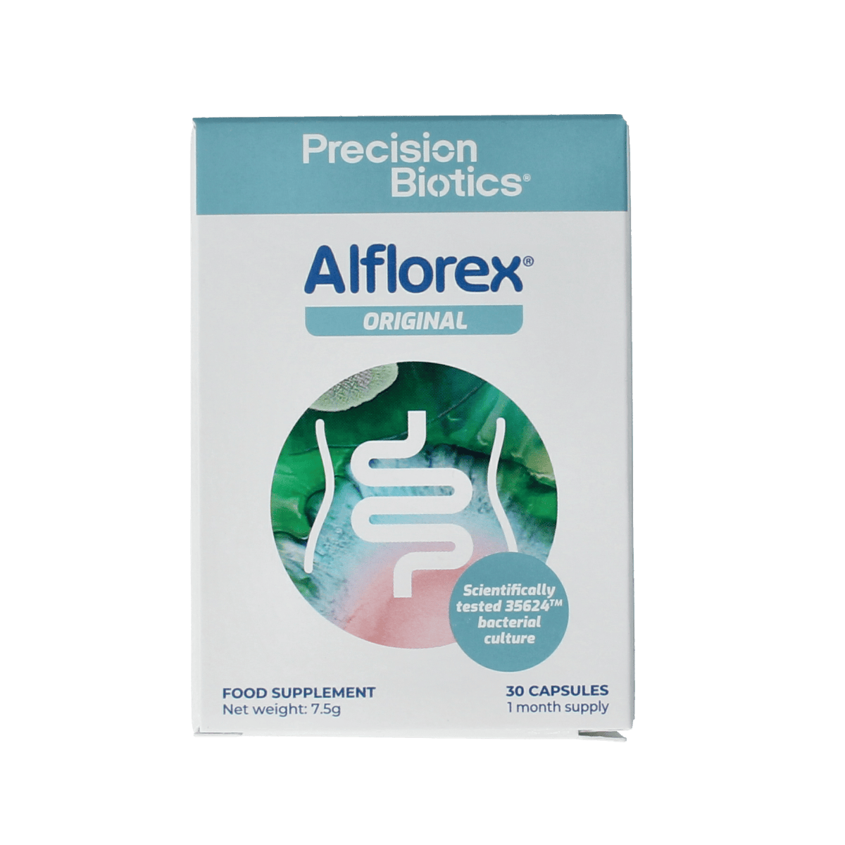 Alflorex Original vegetarian capsules dietary supplement in a blister pack, designed for digestive health support.