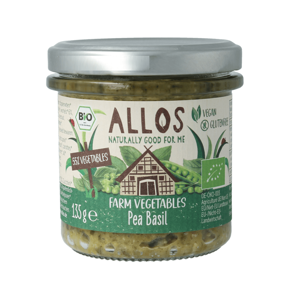 Allos Broodbeleg 135.00 Gram Allos Farm vegetables doperwten & basilicum bio 135.00 Gram