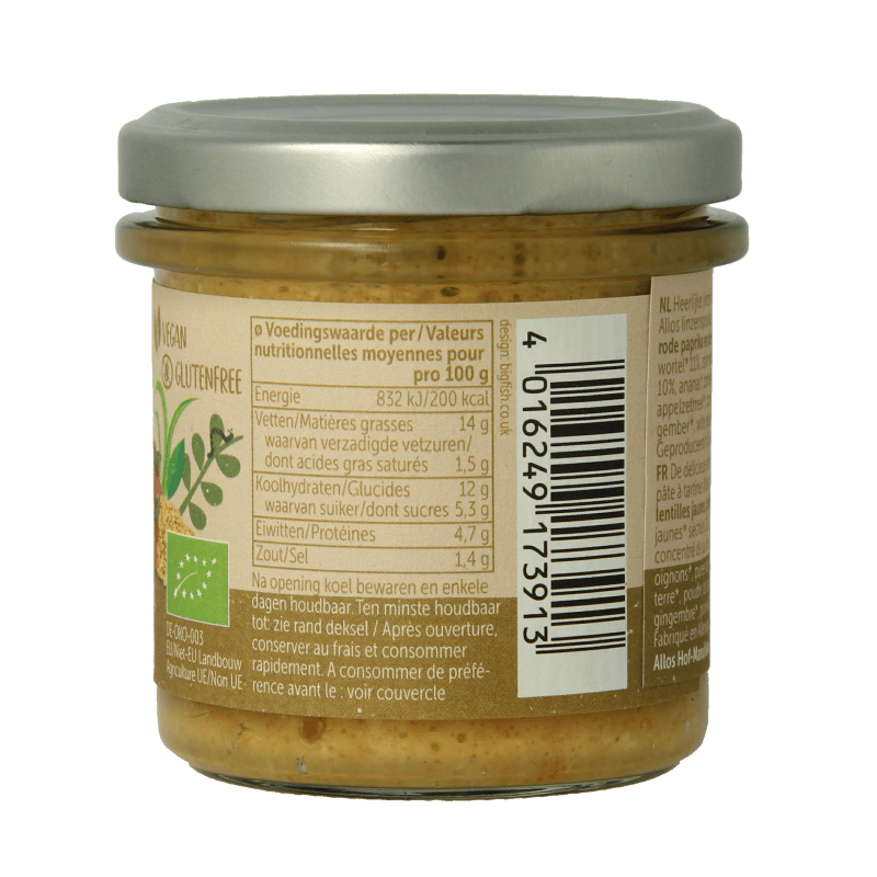 Allos Sauzen en Smaakmakers 140 Gram Allos Linzenspread gele curry bio 140 Gram