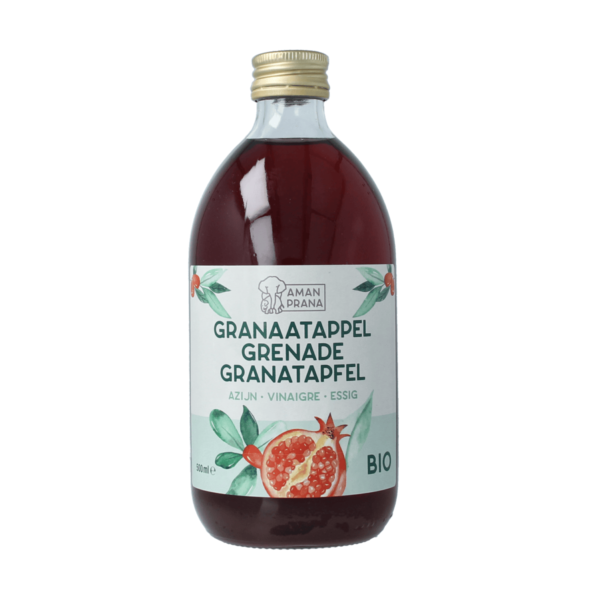 Amanprana organic pomegranate vinegar in a 500ml glass bottle, natural product for culinary use.
