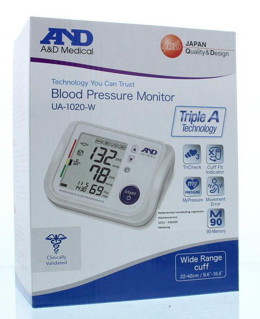 AND Bloeddrukmeter bovenarm UA-1020-WAF for self-testing, displayed with cuff and digital screen on a white background.