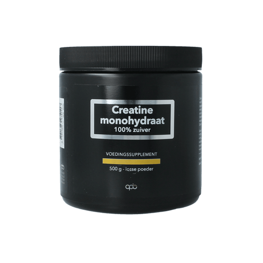 APB Holland Creatine 100% pure, 200 mesh, in a 500g container, shown in a clear bag with a white label.