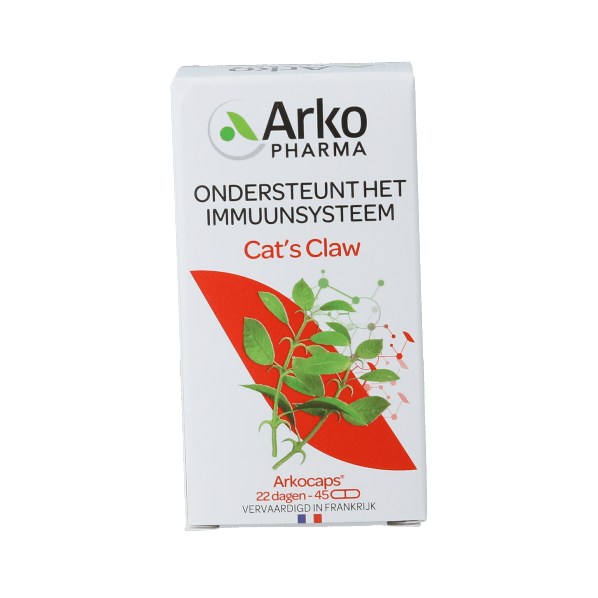 Arkocaps Cat's Claw herbal supplement capsules by Arkocaps, showing a close-up of the 45-capsule bottle on a white background.