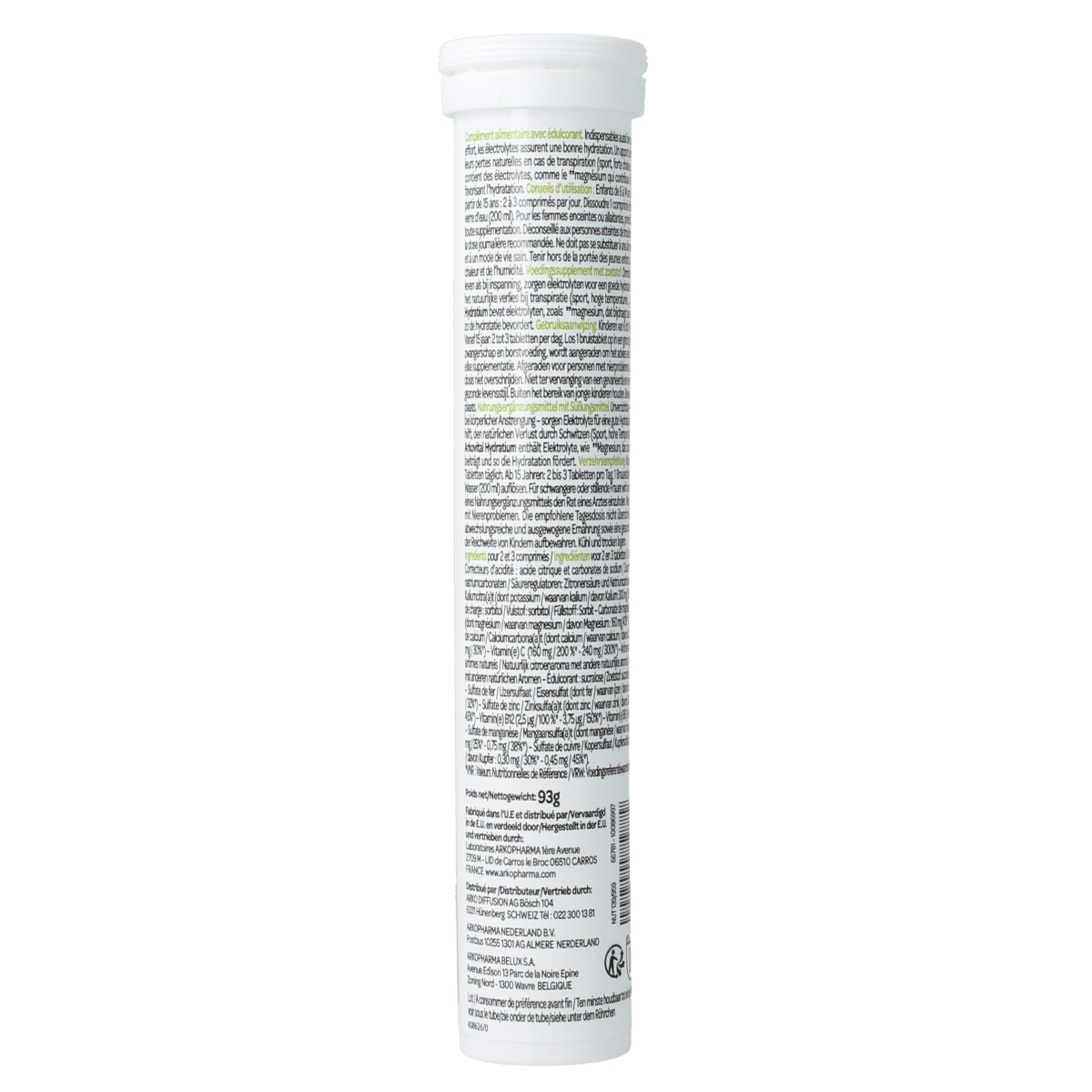 Arkovital Hydratium Citroen effervescent tablets in a glass of water, dietary supplement for hydration and refreshment.