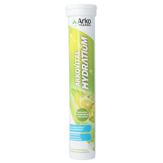 Arkovital Hydratium Citroen effervescent tablets, citrus-flavored dietary supplement, in a blister pack.