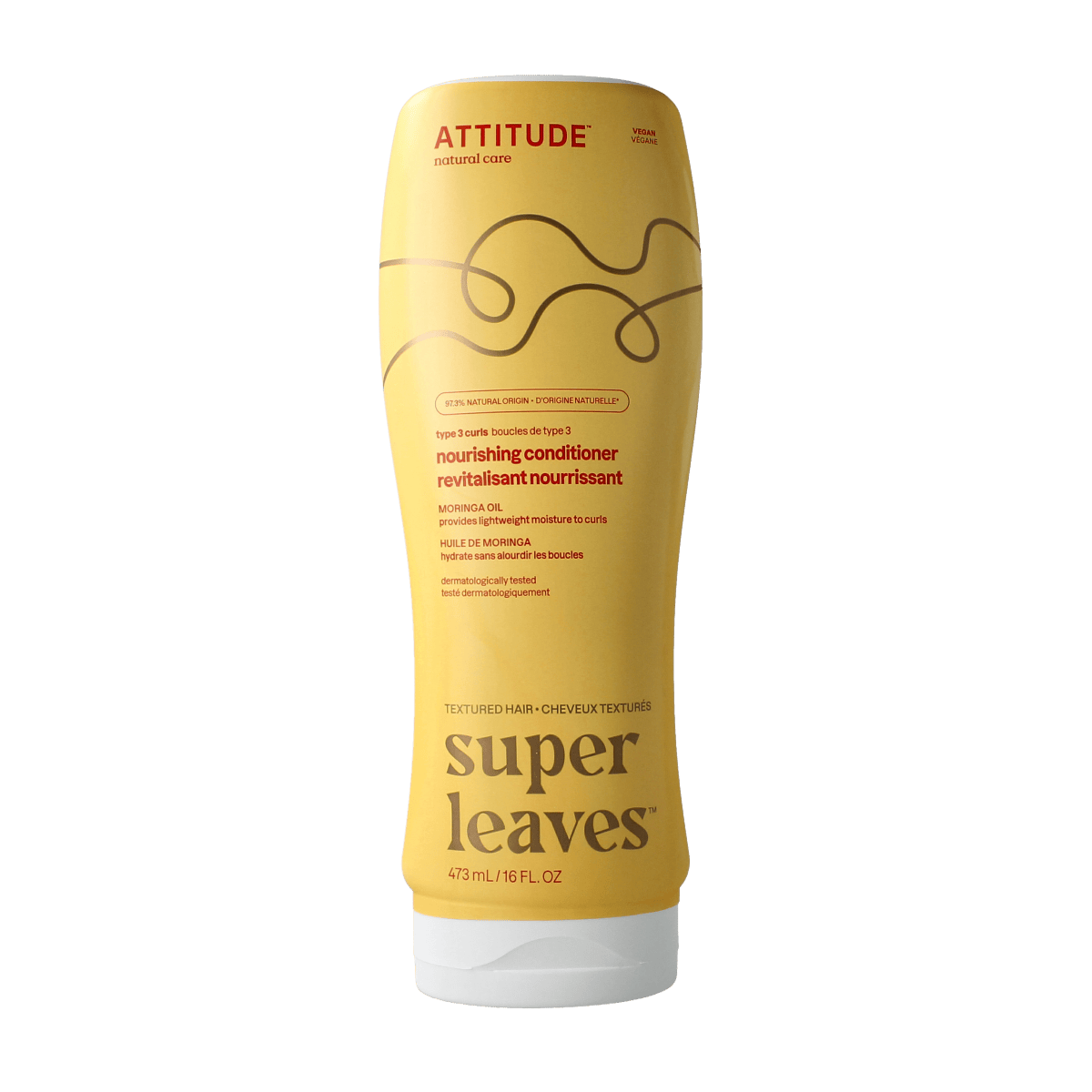 Attitude Moringa Oil Curl Nourishing Conditioner for type 3 hair, 473ml, in a white bottle with a flip-top cap.