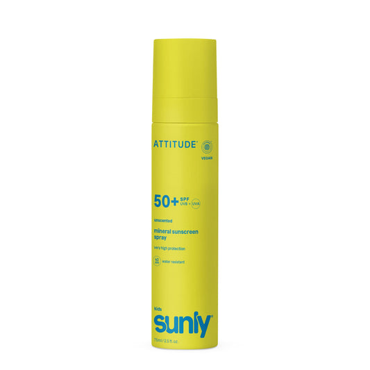 Attitude ATT Sunly Kids Sunscreen Spray SPF50 unscented in 75ml bottle, gentle sun protection for children.