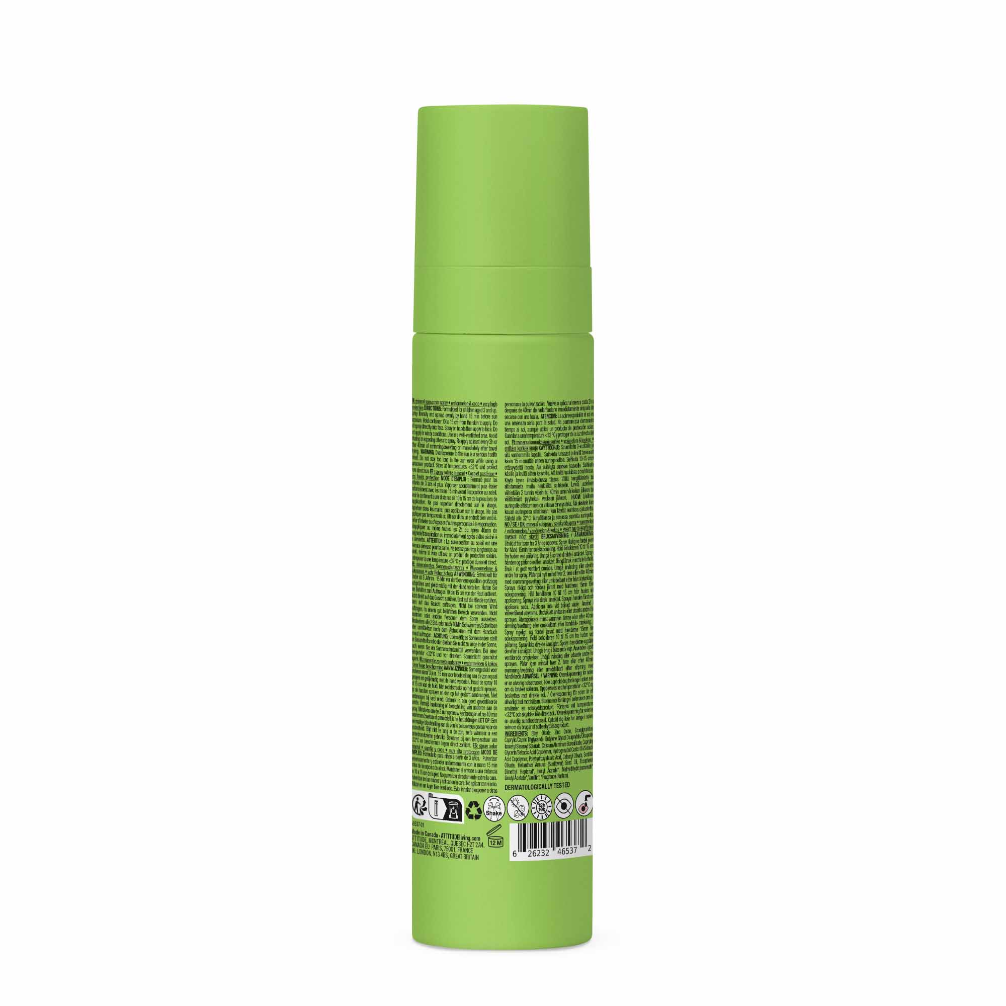 Attitude ATT Sunly Kids Sunscreen Spray SPF50 with watermelon scent, 75ml bottle, gentle sun protection for children