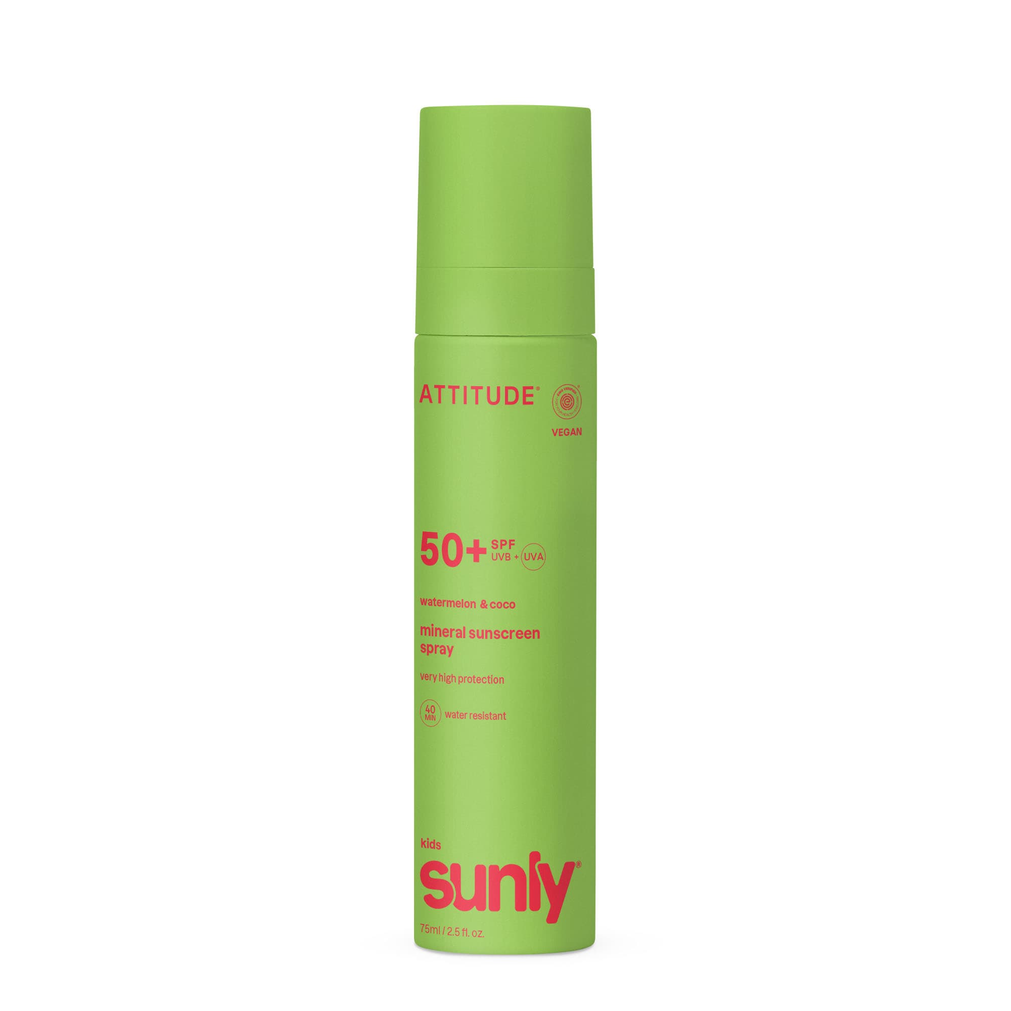 Attitude ATT Sunly Kids Sunscreen Spray SPF50 with watermelon scent in 75ml, easy-to-use spray for children's sun protection.