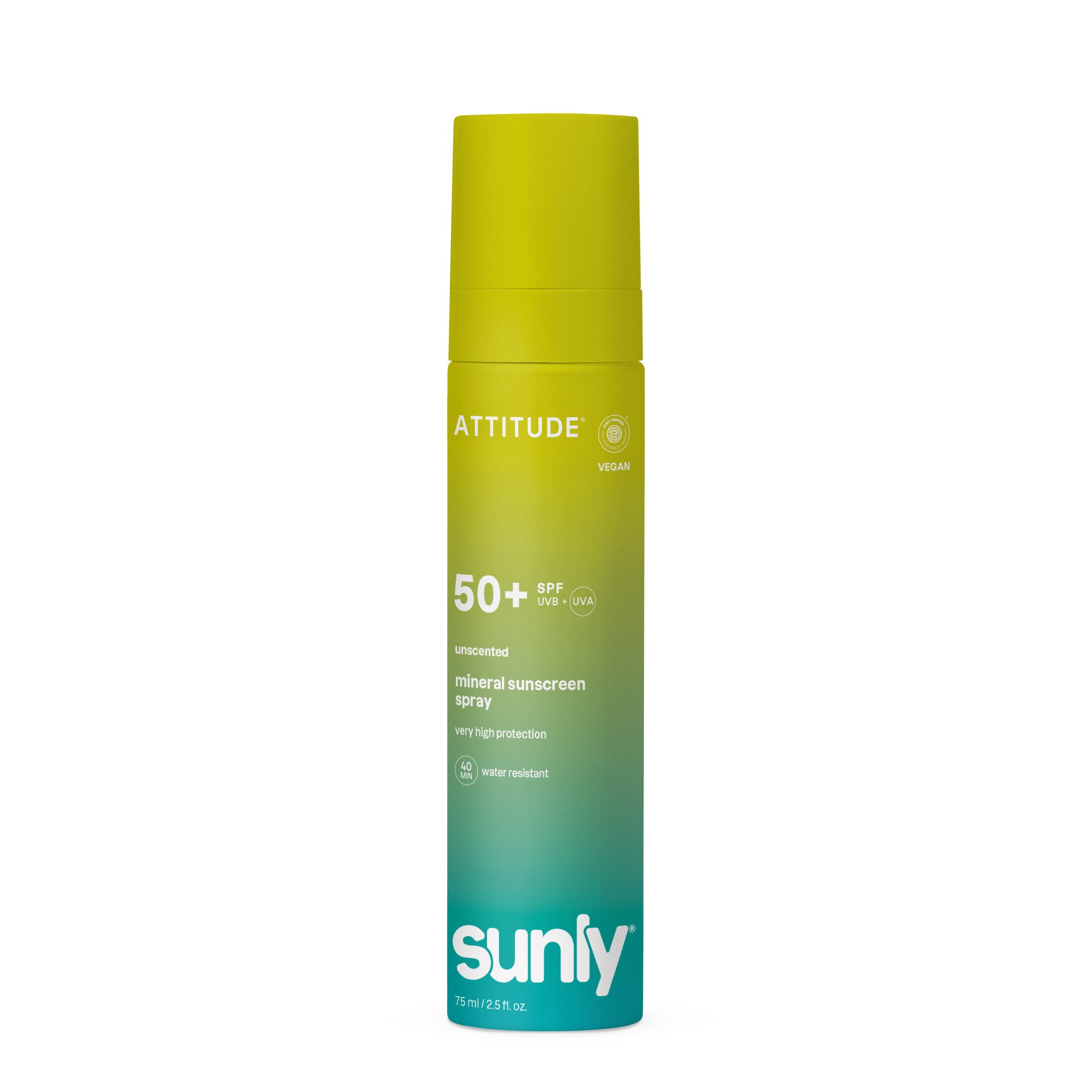 Attitude ATT SUNLY Sunscreen Spray SPF50 in 75ml bottle, unscented, with clear spray nozzle, designed for broad-spectrum sun protection