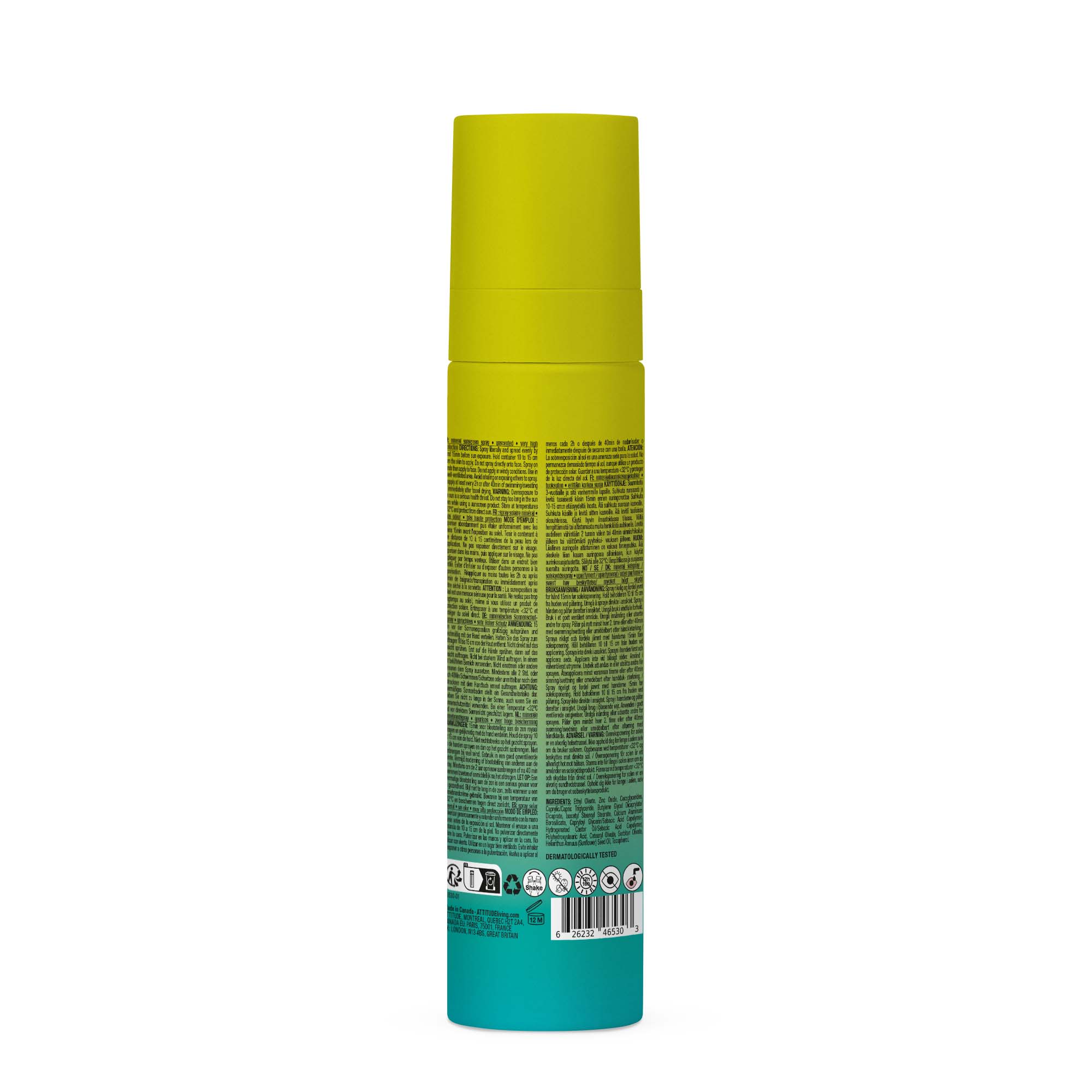 Attitude ATT Sunly Sunscreen Spray SPF50 unscented in 75ml bottle, sun protection product with spray nozzle.