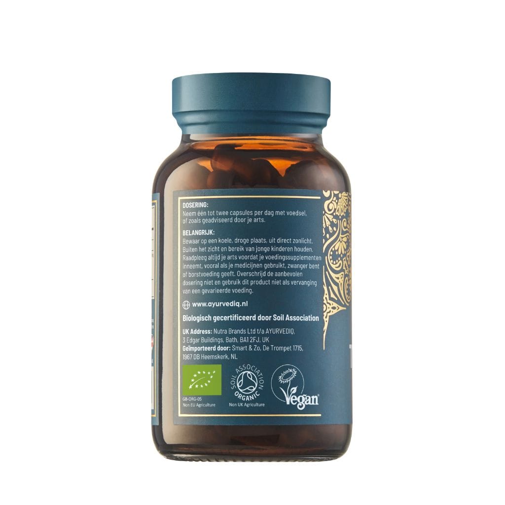 Ayurvediq biologische Moringa capsules in a bottle, herbal supplement from Ayurvediq, with 120 capsules for natural health support.