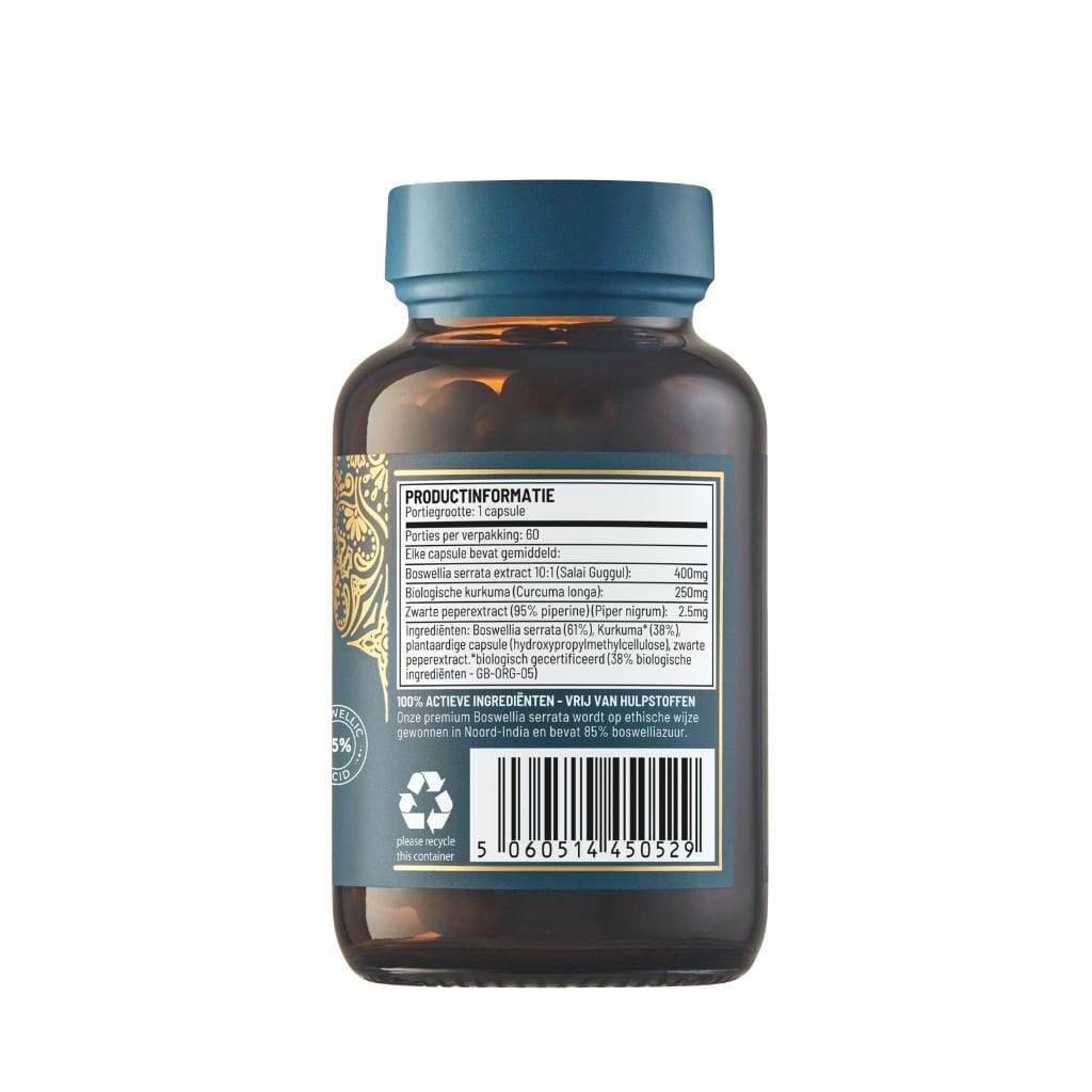 Ayurvediq Boswellia Serrata capsules in a container, herbal supplement for joint support, part of Ayurvediq Kruidenpreparaten line.